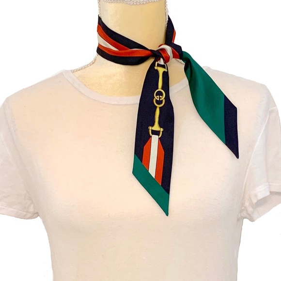 Gucci Baiadera Horsebit Stripe Neck Bow scarf New - Picture 1 of 7
